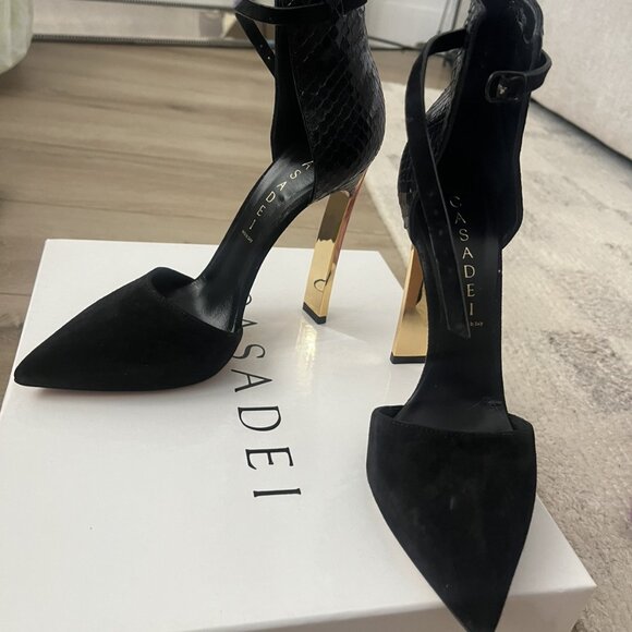 Casadei Pump Ankle Wrap Black Suede Leather Gold Heel - Picture 2 of 7